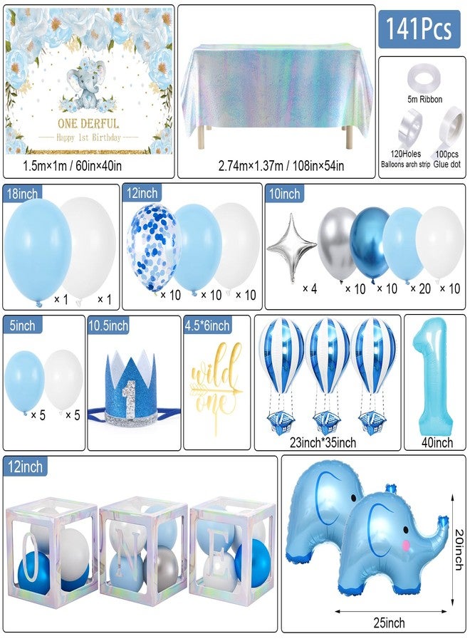 Winrayk 141Pcs Elephant First 1st Birthday Decorations Boy, ONE Box Blue Balloon Arch Backdrop Tablecloth Crown Hat Cake Topper Elephant Hot Air Balloon One Year Old First Birthday Decorations for Boy - Image 2
